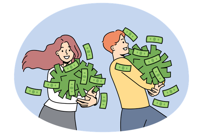 Excited people with money piles happy with win  Illustration
