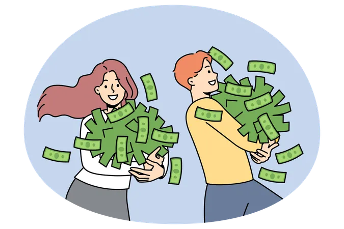 Excited people with money piles happy with win  Illustration