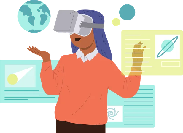 Excited schoolgirl student in VR goggles learning astronomy at school lesson  Illustration