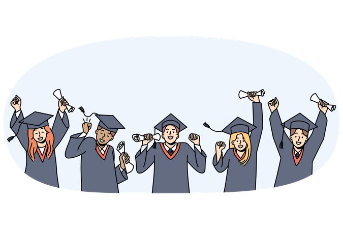 Excited students in gowns celebrate graduation  Illustration
