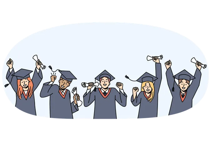 Excited students in gowns celebrate graduation  Illustration