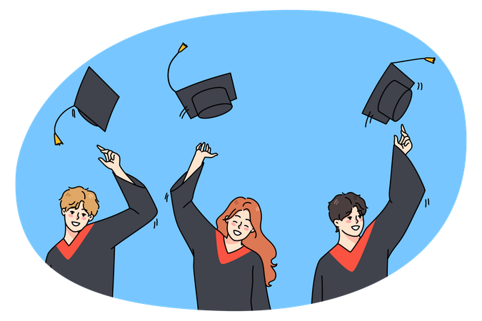 Excited students in mantles throw caps in air overjoyed with college  Illustration