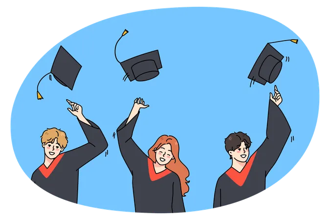 Excited students in mantles throw caps in air overjoyed with college  Illustration