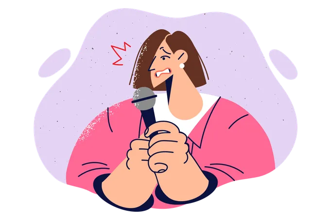 Excited Woman TV Presenter Shyly Holds Microphone And Feels While Recording First Television Broadcast Girl With Microphone Seminar Participant Is Embarrassed To Give Speech In Front Of Audience Illustration
