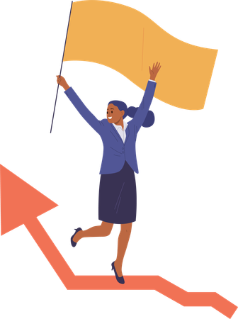 Excited woman entrepreneur character raising flag up celebrating success in financial growth  Illustration