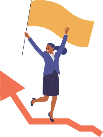 Excited woman entrepreneur character raising flag up celebrating success in financial growth  Illustration