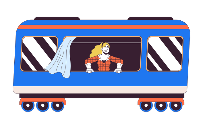 Excited woman from train window  Illustration