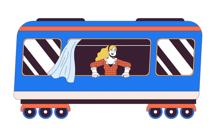 Excited Woman From Train Window 2 D Linear Cartoon Character Blonde Caucasian Female Railway Traveller Isolated Line Vector Person White Background Railroad Passenger Color Flat Spot Illustration Illustration