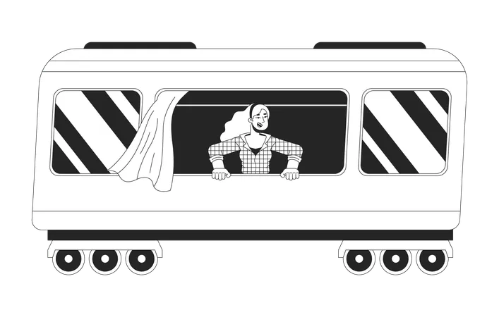 Excited Woman From Train Window Black And White 2 D Line Cartoon Character Caucasian Female Railway Traveller Isolated Vector Outline Person Railroad Passenger Monochromatic Flat Spot Illustration Illustration