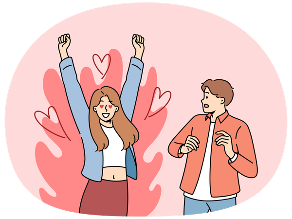 Excited woman in love with man who scared because of excessive passion from fan  Illustration