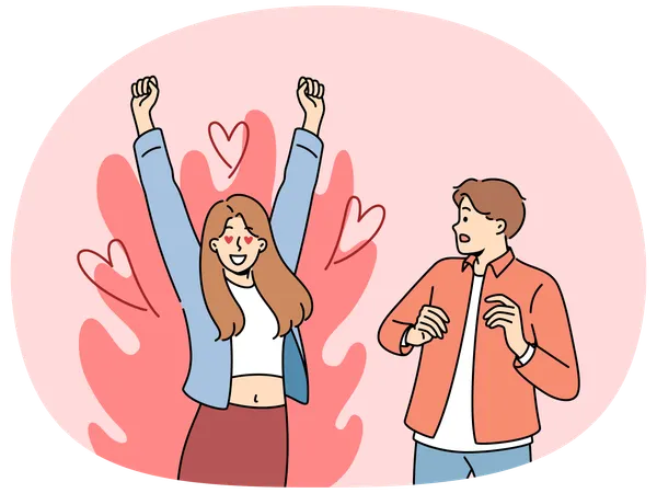 Excited woman in love with man who scared because of excessive passion from fan  Illustration