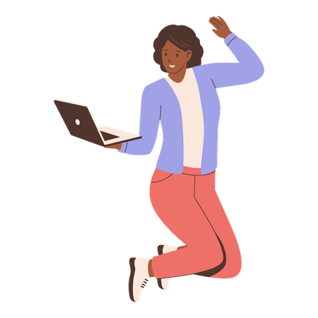 Excited Woman Jumping with Laptop  Illustration