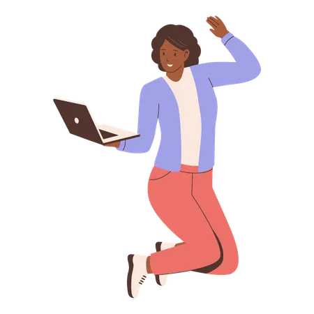 Excited Woman Jumping with Laptop  Illustration