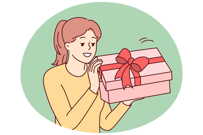 Excited woman open birthday present  Illustration