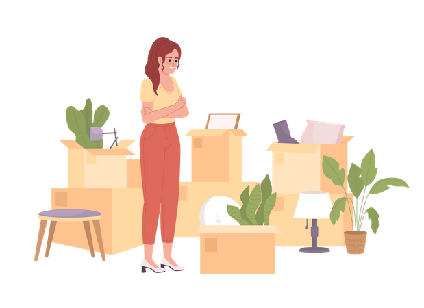 Excited woman preparing belongings for moving Illustration