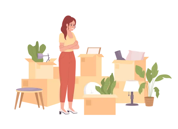 Excited woman preparing belongings for moving Illustration