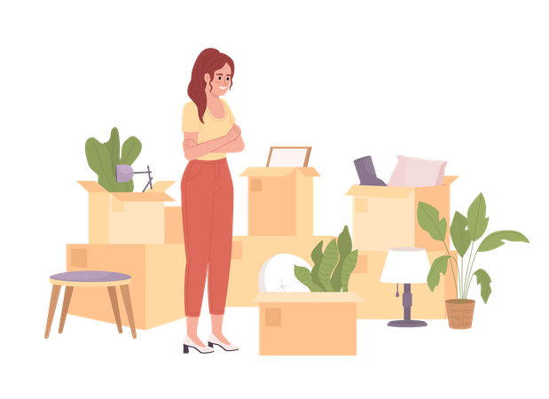 Excited woman preparing belongings for moving  Illustration