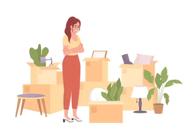 Excited woman preparing belongings for moving  Illustration