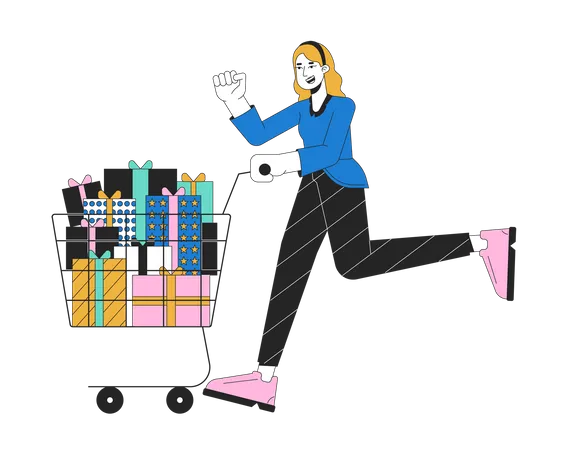 Excited Woman Pushing Shopping Cart 2 D Linear Cartoon Character Black Friday Girl Isolated Line Vector Person White Background Holding Shopping Trolley Pile Presents Color Flat Spot Illustration Illustration