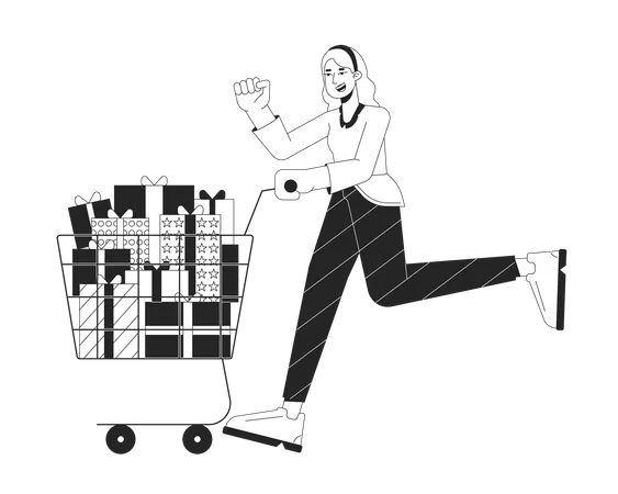 Excited Woman Pushing Shopping Cart Black And White 2 D Line Cartoon Character Black Friday Girl Isolated Vector Outline Person Holding Shopping Trolley Presents Monochromatic Flat Spot Illustration Illustration
