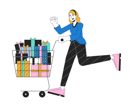 Excited woman pushing shopping cart  Illustration