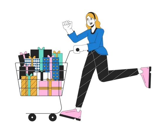 Excited woman pushing shopping cart  Illustration