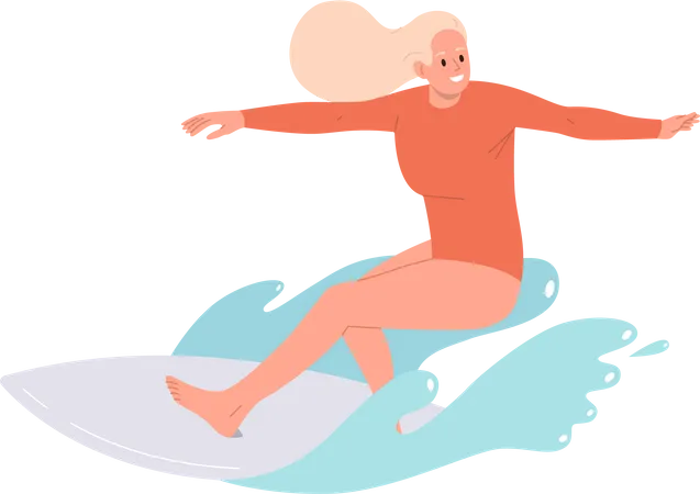 Happy Excited Woman Surfer Catching Wave Riding High On Surfboard Through Ocean Surface Isolated Vector Illustration Design Touristic Beach Recreation Extreme Water Sports Activity Healthy Hobby Illustration