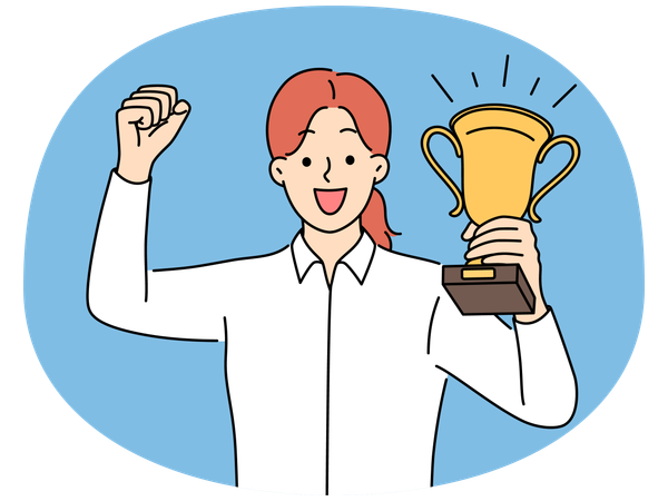 金賞を手に興奮した女性が勝利を祝う  イラスト