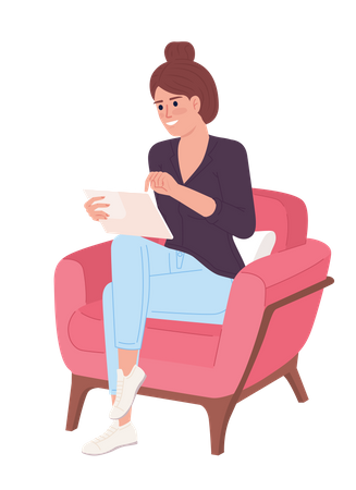 Excited woman with personal tablet in chair  Illustration