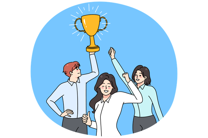 Excited work team hold prize celebrate success  Illustration