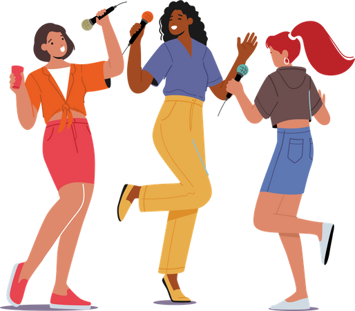 Excited Young Girls Company with Microphones Performing on Karaoke Party Illustration