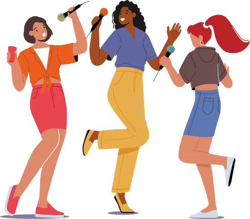 Excited Young Girls Company with Microphones Performing on Karaoke Party  Illustration