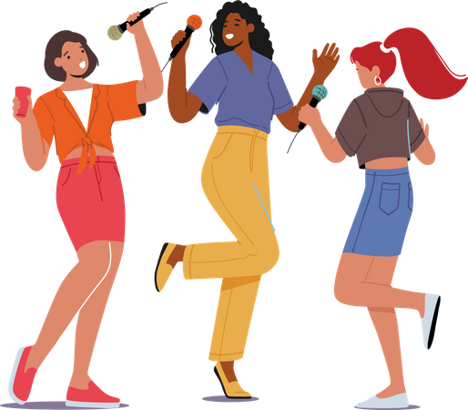 Excited Young Girls Company with Microphones Performing on Karaoke Party  Illustration