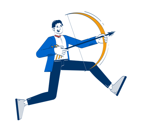 Excited young korean businessman aiming arrow with bow  Illustration