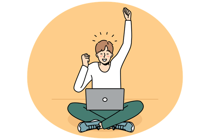 Excited young man use laptop triumph with good news  Illustration
