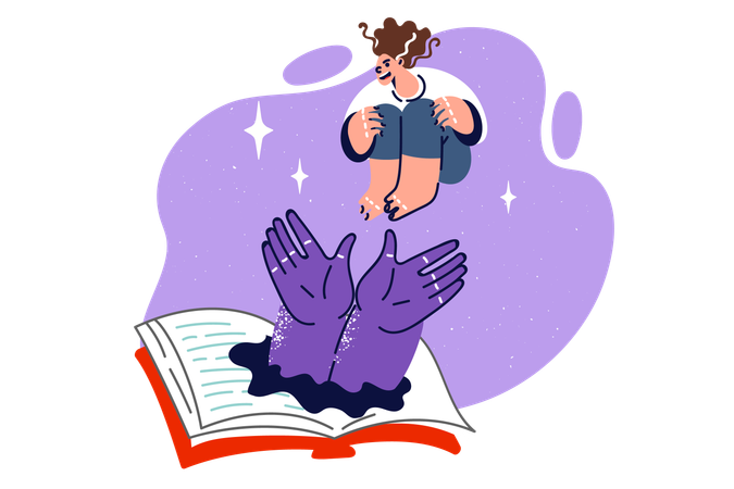 Exciting book with monster hand and woman jumping in textbook  イラスト