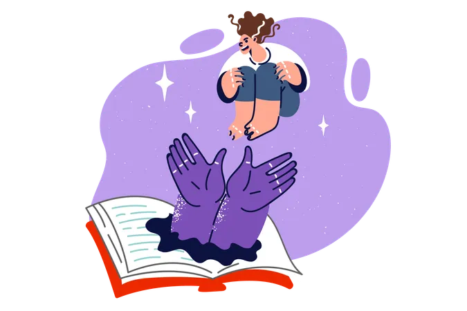 Exciting book with monster hand and woman jumping in textbook  イラスト