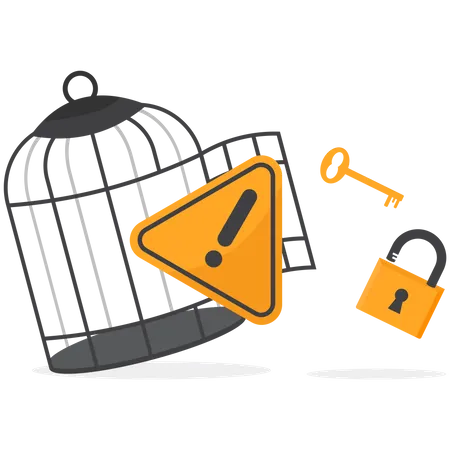 Exclamation Attention Sign With Key Free Himself From Cage Solving Problem Identify Risk Or Critical Failure Concept Flat Vector Illustration Illustration