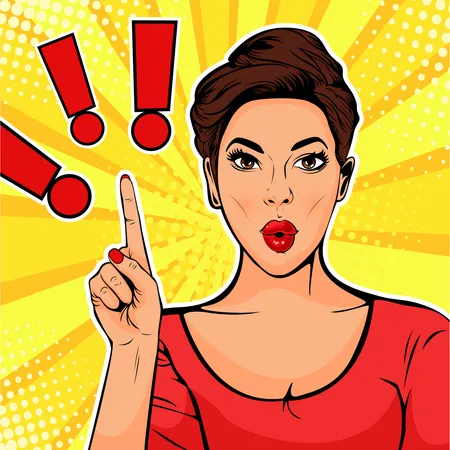 Exclamation point and surprised woman. Colorful vector illustration in pop art retro comic style  Illustration