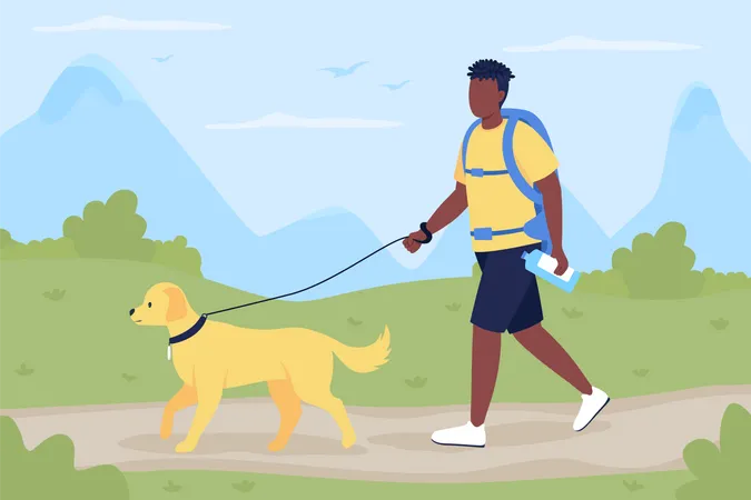 Paseo de excursionista con perro de compañía.  Ilustración