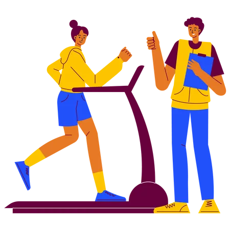 Exercice sur tapis roulant avec entraîneur physique  Illustration