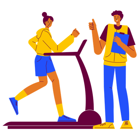 Exercice sur tapis roulant avec entraîneur physique  Illustration