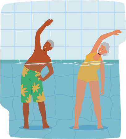 Idosos se exercitam na piscina  Ilustração