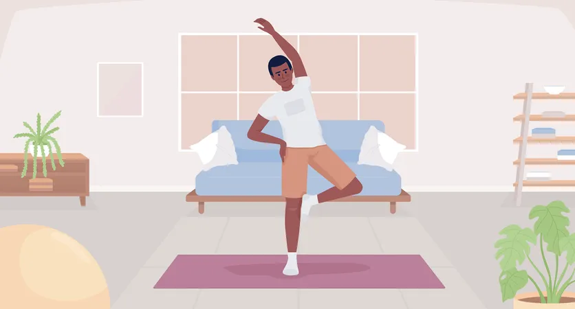 Exercising After Waking Up Flat Color Vector Illustration Young Man Stretching Arm And Standing On Yoga Mat Fully Editable 2 D Simple Cartoon Character With Cozy Living Room Interior On Background Illustration