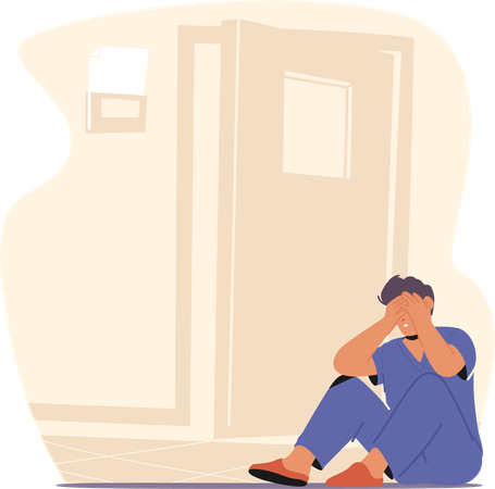 Exhausted And Despondent Doctor Character Sits On The Floor Beside The Cabinet Door  Illustration