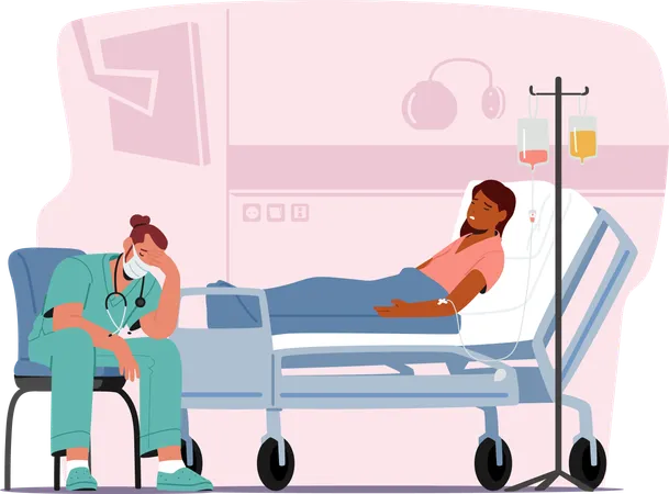 Exhausted And Despondent Doctor Male Character Slumps Beside The Seriously Ill Patient Bed Wearied By The Weight Of Responsibilities And The Struggle To Heal Cartoon People Vector Illustration Illustration