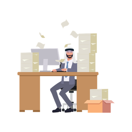 Exhausted Arab Businessman Working at Desk with overload work  Illustration