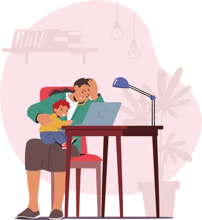 Exhausted Business Mother Multitasking On Laptop While Holding Her Child Female Character Juggling Work And Parenting Responsibilities With Determination Cartoon People Vector Illustration Illustration