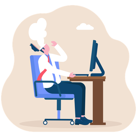 Exhausted businessman at her desk in the office with smoke coming out of her head  Illustration