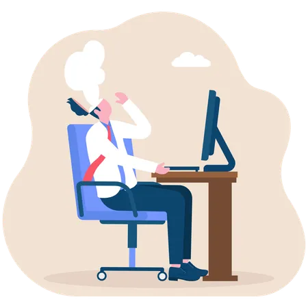 Exhausted businessman at her desk in the office with smoke coming out of her head  Illustration